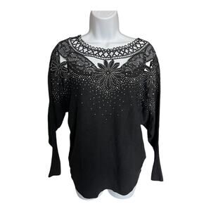 Daniel black long sleeve shirt jeweled embroidered crochet cutout neck S/M NWT